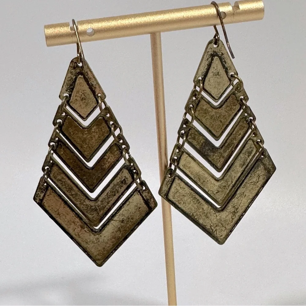 Vintage Enamel Geometric Chevron Dangle Earrings Red Pink Orange